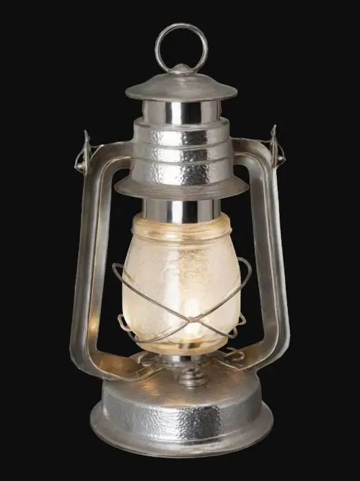 3D model for vintage-style lantern featuring a cylindrical metal frame with a curved glass enclosure, displaying a tarnished metallic texture and a loop handle on top.