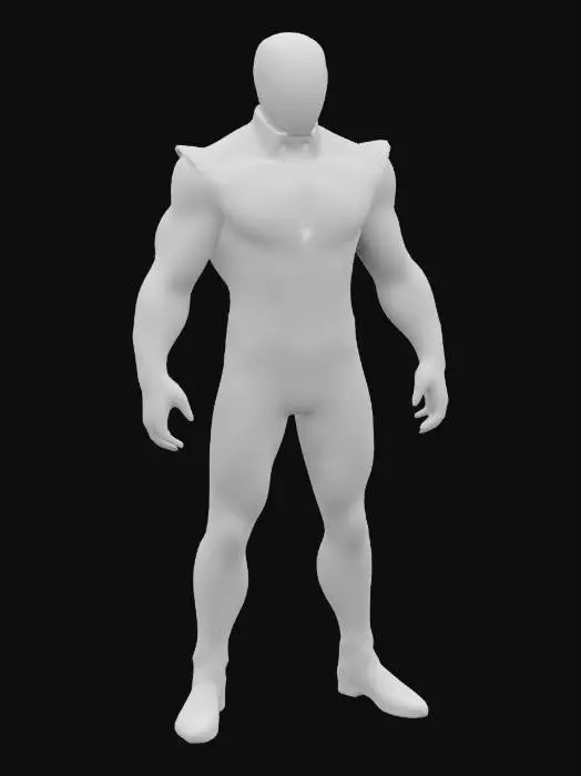 3D model for humanoid figure clad in a form-fitting green suit with angular, metallic gold accents and a glossy texture