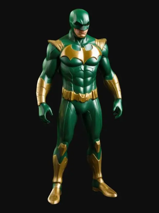 3D model for humanoid figure clad in a form-fitting green suit with angular, metallic gold accents and a glossy texture