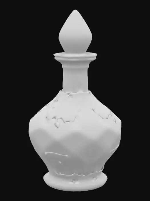 3D model for multifaceted, jewel-like bottle with an intricately designed metal framework, featuring a crystalline light cyan texture and embedded decorative elements.