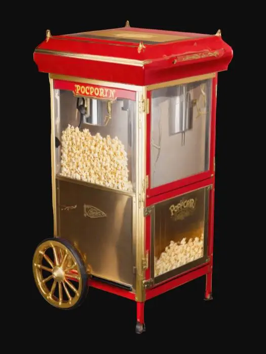 3D model for vintage-style popcorn machine with a vibrant red rectangular body, glass enclosure, gold decorative details, and features a wheel and handle for mobility.