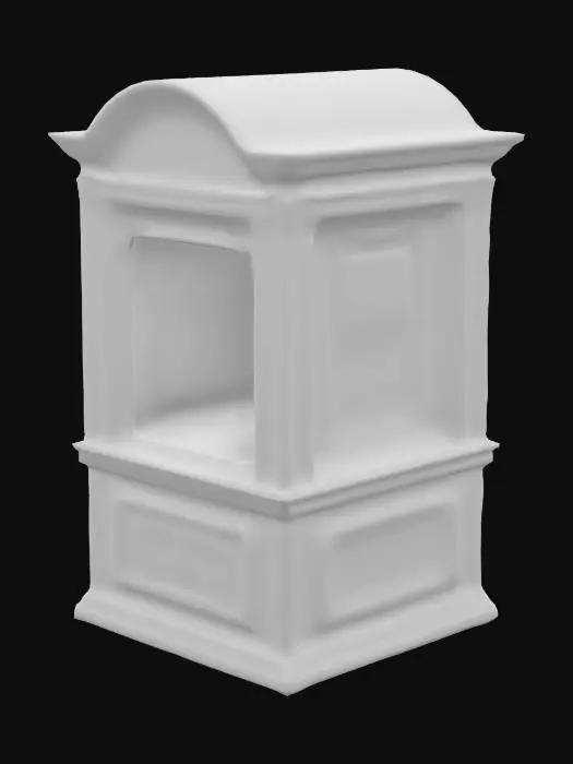 3D model for vintage-style, rectangular ticket booth with a curved, decorative top, barred window opening, and a light green, weathered wooden texture featuring stars and a price label.