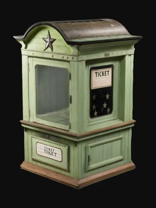 3D model for vintage-style, rectangular ticket booth with a curved, decorative top, barred window opening, and a light green, weathered wooden texture featuring stars and a price label.