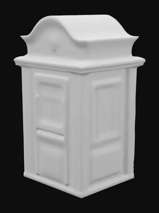 3D model for vintage-style, rectangular ticket booth with a curved, decorative top, barred window opening, and a light green, weathered wooden texture featuring stars and a price label.