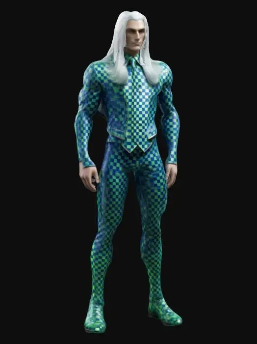 3D model for male hero with long white hair with seamless checkered pattern suit covering slender, elongated forms with a glossy texture, reminiscent of a chessboard's geometric design, #game figure#