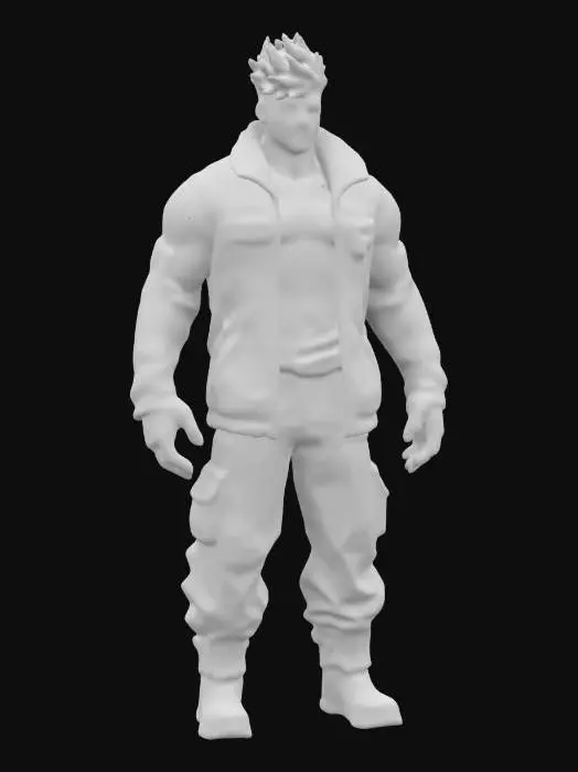 3D model for muscular humanoid figure in tekken style wearing a textured red and black jacket with angular lines, featuring various patches and details, and it has a slick hairstyle with sharp spikes. #game figure#