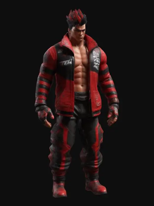 3D model for muscular humanoid figure in tekken style wearing a textured red and black jacket with angular lines, featuring various patches and details, and it has a slick hairstyle with sharp spikes. #game figure#
