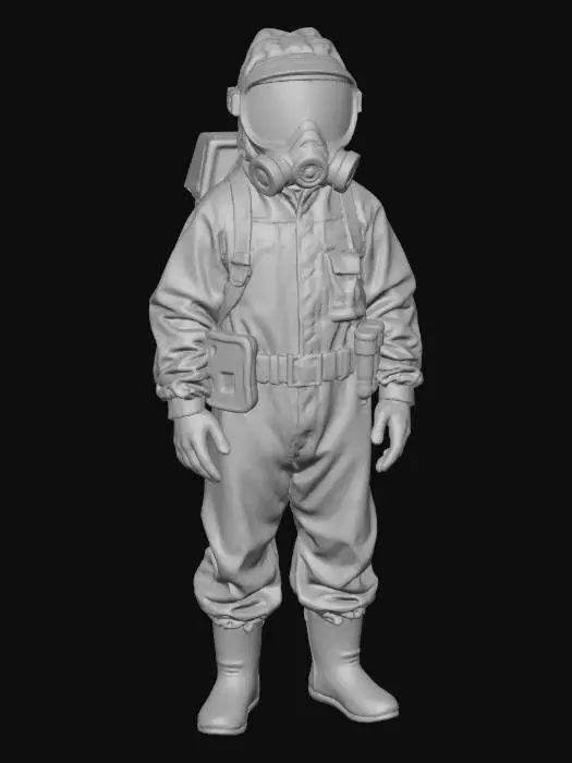 3D model for “A contamination-zone scientist wearing a yellow protective suit with reinforced green rubber gloves and boots. The suit includes a sealed helmet with a wide transparent visor and a compact respirator unit mounted on the chest. A utility belt carries sealed vials, a handheld scanner, and warning tags. Subtle stains, creases, and surface wear suggest prolonged exposure to hazardous environments. The figure stands in a neutral pose, perfectly centered against a pure white background, softly lit with neutral studio light, minimal shadow. Ultra-realistic 8K PBR materials with fabric folds, rubber texture, and visor reflections.”