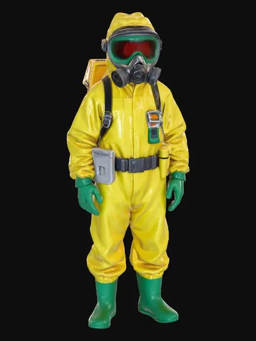 3D model for “A contamination-zone scientist wearing a yellow protective suit with reinforced green rubber gloves and boots. The suit includes a sealed helmet with a wide transparent visor and a compact respirator unit mounted on the chest. A utility belt carries sealed vials, a handheld scanner, and warning tags. Subtle stains, creases, and surface wear suggest prolonged exposure to hazardous environments. The figure stands in a neutral pose, perfectly centered against a pure white background, softly lit with neutral studio light, minimal shadow. Ultra-realistic 8K PBR materials with fabric folds, rubber texture, and visor reflections.”