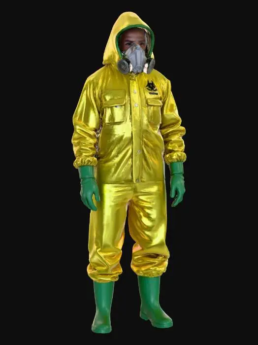 3D model for “A hazardous-environment field operative wearing a bright yellow protective suit with matte green rubber gloves and boots. The suit features a sealed hood with a clear visor, connected to a compact breathing unit via ribbed black hoses. Subtle biohazard symbols and warning labels are printed on the chest and sleeves. The materials show realistic folds, stitching, and slight surface wear from field use. The figure stands in a neutral pose, perfectly centered against a pure white background, softly lit with neutral studio light, minimal shadow. Ultra-realistic 8K PBR materials with fabric texture, rubber sheen, and transparent visor reflections.”