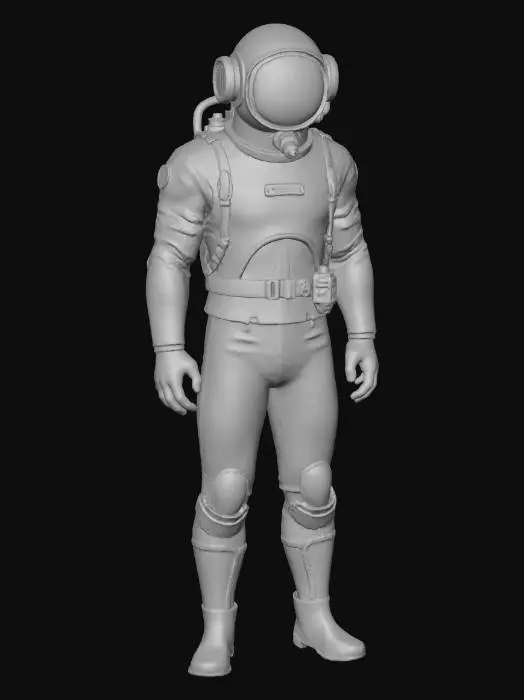 3D model for “An underwater command officer wearing a sleek retro-futuristic diving uniform inspired by 1960s aquatic technology. The suit is teal-blue with darker navy panels, a smooth sealed helmet with a wide transparent visor, and minimal external tubing connected to a compact breathing unit. The design is elegant and streamlined, with subtle rank markings and a utility belt holding simple instruments. The figure stands in a neutral pose, perfectly centered against a pure white background, softly lit with neutral studio light, minimal shadow. Ultra-realistic PBR materials showing smooth fabric texture, rubber seals, and visor reflections.”