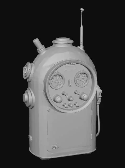 3D model for “A retro-futuristic underwater communications hub designed for a submerged command base. The unit features a rounded teal casing with a curved glass front, large analog dials, waveform screens, and chunky toggle switches in cream and yellow tones. A short antenna mast and sealed cable ports suggest long-range subaquatic transmission. Clean shapes and readable surfaces keep the design elegant and uncluttered. The object is perfectly centered against a pure white background, softly lit with neutral studio light, minimal shadow. Ultra-realistic PBR materials with painted metal, glass reflections, and subtle screen glow.”