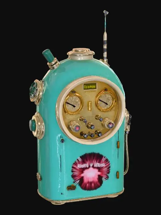 3D model for “A retro-futuristic underwater communications hub designed for a submerged command base. The unit features a rounded teal casing with a curved glass front, large analog dials, waveform screens, and chunky toggle switches in cream and yellow tones. A short antenna mast and sealed cable ports suggest long-range subaquatic transmission. Clean shapes and readable surfaces keep the design elegant and uncluttered. The object is perfectly centered against a pure white background, softly lit with neutral studio light, minimal shadow. Ultra-realistic PBR materials with painted metal, glass reflections, and subtle screen glow.”