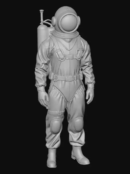 3D model for “A deep-sea operations diver wearing a classic 1960s-inspired underwater suit in light aqua blue with darker navy reinforcements. The outfit includes a rounded helmet with a clear visor, simple shoulder-mounted air tanks, and a streamlined harness. Minimal tubing and smooth surfaces give the suit a refined, cinematic look. Small utility tools are attached to the belt for underwater missions. The figure stands in a neutral pose, centered against a pure white background, softly lit with neutral studio light, minimal shadow. Ultra-realistic PBR materials with fabric texture, rubber seals, and visor highlights.”