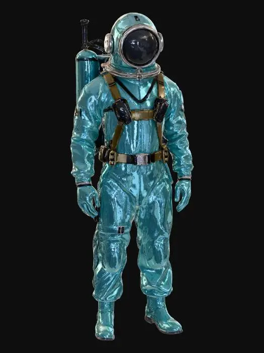 3D model for “A deep-sea operations diver wearing a classic 1960s-inspired underwater suit in light aqua blue with darker navy reinforcements. The outfit includes a rounded helmet with a clear visor, simple shoulder-mounted air tanks, and a streamlined harness. Minimal tubing and smooth surfaces give the suit a refined, cinematic look. Small utility tools are attached to the belt for underwater missions. The figure stands in a neutral pose, centered against a pure white background, softly lit with neutral studio light, minimal shadow. Ultra-realistic PBR materials with fabric texture, rubber seals, and visor highlights.”