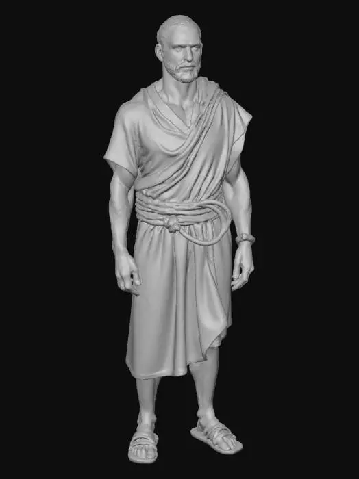 3D model for “An enslaved Roman-era worker inspired by historical epics. The character wears a simple beige linen tunic tied with a rope belt, sandals worn thin from labor, and no armor or weapons. The body posture is neutral but tired, with subtle dirt on skin and fabric. Hair is short and unstyled, emphasizing status and hardship. The figure conveys quiet endurance rather than action. The character is perfectly centered against a pure white background, softly lit with neutral studio light, minimal shadow. Ultra-realistic PBR materials with fabric weave, skin texture, and restrained surface wear.”