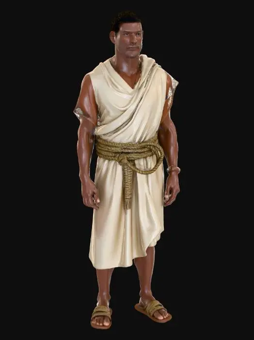 3D model for “An enslaved Roman-era worker inspired by historical epics. The character wears a simple beige linen tunic tied with a rope belt, sandals worn thin from labor, and no armor or weapons. The body posture is neutral but tired, with subtle dirt on skin and fabric. Hair is short and unstyled, emphasizing status and hardship. The figure conveys quiet endurance rather than action. The character is perfectly centered against a pure white background, softly lit with neutral studio light, minimal shadow. Ultra-realistic PBR materials with fabric weave, skin texture, and restrained surface wear.”