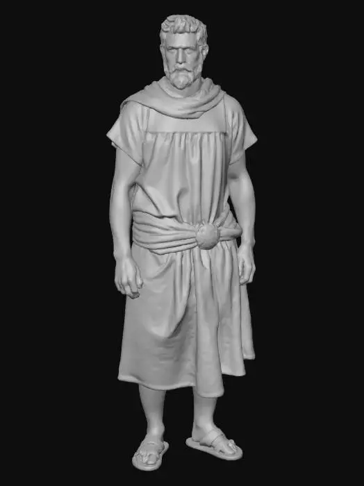 3D model for “A Roman overseer figure inspired by civilian authority roles. The character wears a clean off-white tunic with a red-brown sash, leather sandals, and a simple metal clasp at the shoulder. No weapons or armor are present. The posture is upright and restrained, conveying control and discipline. Subtle fabric creases, dust on hems, and sun-exposed skin add realism. The figure is perfectly centered against a pure white background, softly lit with neutral studio light, minimal shadow. Ultra-realistic PBR materials with linen fabric texture, leather wear, skin detail, and restrained aging.”