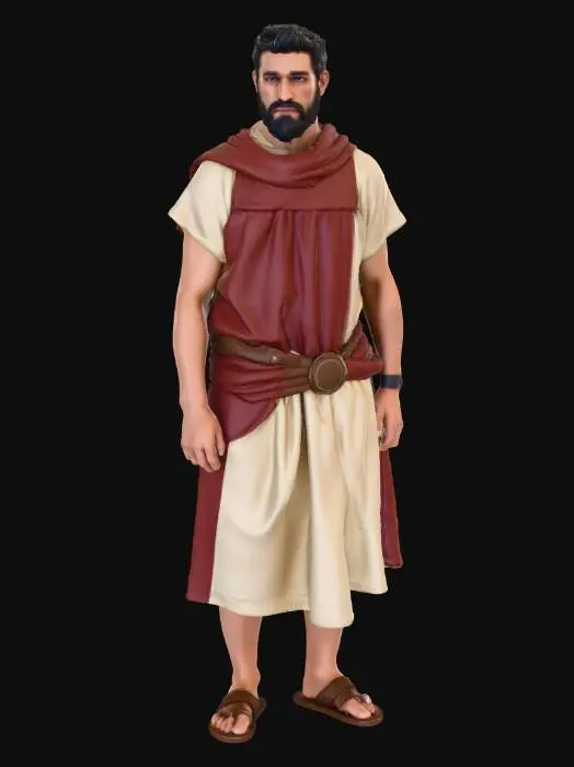 3D model for “A Roman overseer figure inspired by civilian authority roles. The character wears a clean off-white tunic with a red-brown sash, leather sandals, and a simple metal clasp at the shoulder. No weapons or armor are present. The posture is upright and restrained, conveying control and discipline. Subtle fabric creases, dust on hems, and sun-exposed skin add realism. The figure is perfectly centered against a pure white background, softly lit with neutral studio light, minimal shadow. Ultra-realistic PBR materials with linen fabric texture, leather wear, skin detail, and restrained aging.”