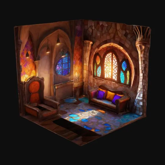 3D model for ultra detailed enchanted castle room in gaudi style, game style, enhanced and vivid colors 