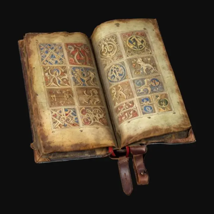 3D model for ultra detailed old medieval open book with medieval images on pages, game style, enhanced colors