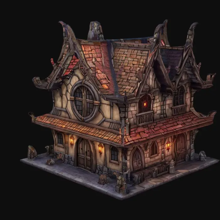 3D model for ultra detailed fantasy tavern building in castlevania style, game style, enhanced colors