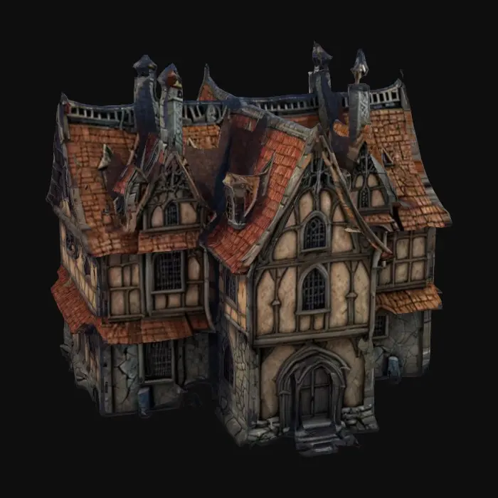 3D model for ultra detailed fantasy medieval house in castlevania style, game style, enhanced colors