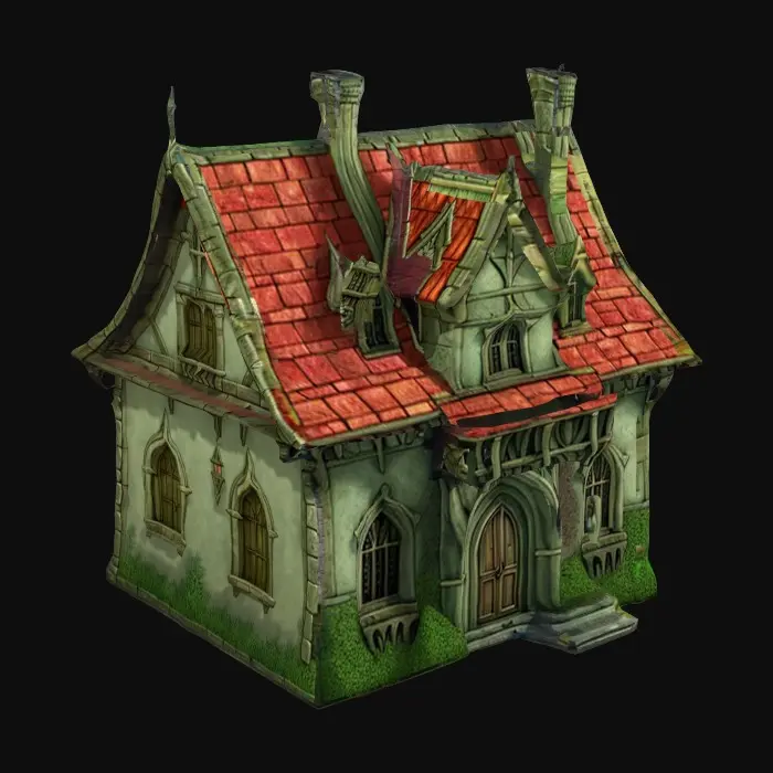 3D model for ultra detailed fantasy medieval house in castlevania style, game style, enhanced colors