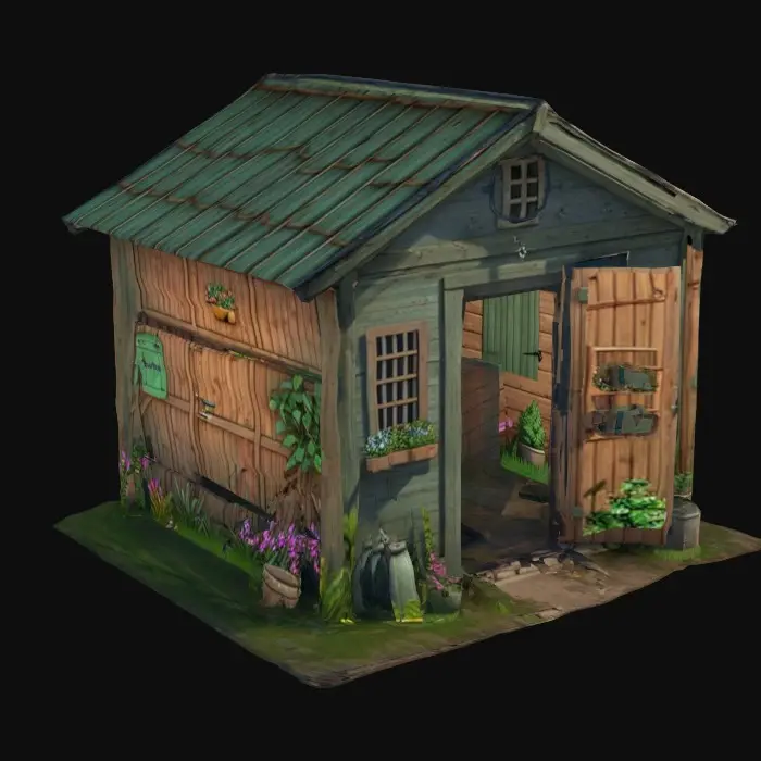 3D model for ultra detailed isometric old garden shed, game style, 4k, enhanced colors