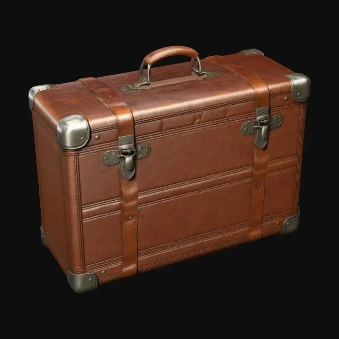 3D model for ultra detailed and realistic rectangular, vintage suitcase with a textured brown leather finish, reinforced corners, metal latches, and a central embossed design, 4k