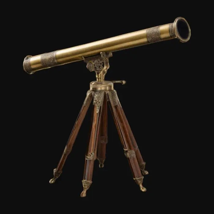 3D model for brass telescope with a cylindrical tube mounted on a sturdy, ornate tripod, featuring a polished, antique finish with intricate details.