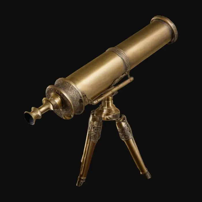 3D model for brass telescope with a cylindrical tube mounted on a sturdy, ornate tripod, featuring a polished, antique finish with intricate details.