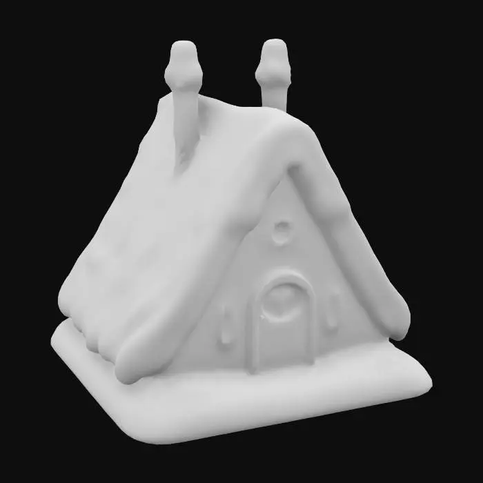 3D model for triangular, pyramid-shaped snow-covered house with smooth, rounded edges and small circular windows, cartoon style