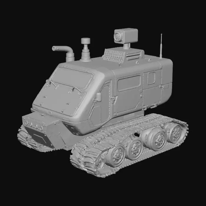 3D model for “A small tracked survey rover built for navigating contaminated swamps. The body is constructed from yellow composite panels with dark green armored sections, featuring wide rubber tracks, sensor pods, and a front-mounted sampling arm. Ventilation grilles and sealed access hatches suggest protection against toxic gases. Biohazard symbols and serial numbers are printed along the chassis. The rover is perfectly centered against a pure white background, softly lit with neutral studio light, minimal shadow. Ultra-realistic 8K PBR materials with worn paint, rubber texture, and glass sensor reflections.”