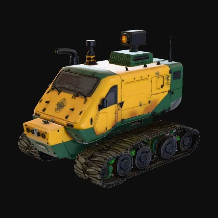 3D model for “A small tracked survey rover built for navigating contaminated swamps. The body is constructed from yellow composite panels with dark green armored sections, featuring wide rubber tracks, sensor pods, and a front-mounted sampling arm. Ventilation grilles and sealed access hatches suggest protection against toxic gases. Biohazard symbols and serial numbers are printed along the chassis. The rover is perfectly centered against a pure white background, softly lit with neutral studio light, minimal shadow. Ultra-realistic 8K PBR materials with worn paint, rubber texture, and glass sensor reflections.”