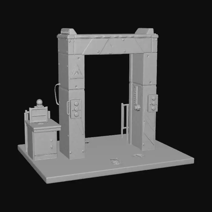 3D model for “A hazmat checkpoint playset featuring a flat industrial base, a tall warning barrier panel with diagonal hazard stripes, and a reinforced yellow gate arm mounted on a sturdy hinge block. A medium-sized control console stands beside the barrier, with a single screen panel, large buttons, and one thick cable connecting to the gate. Additional elements include a warning light dome and a low side railing. All shapes are bold and readable, with no fine mechanical parts. Subtle fading, dirt streaks, and edge wear suggest frequent use. The playset is centered against a pure white background, softly lit with neutral studio light, minimal shadow. Ultra-realistic PBR materials with painted metal and restrained aging.”