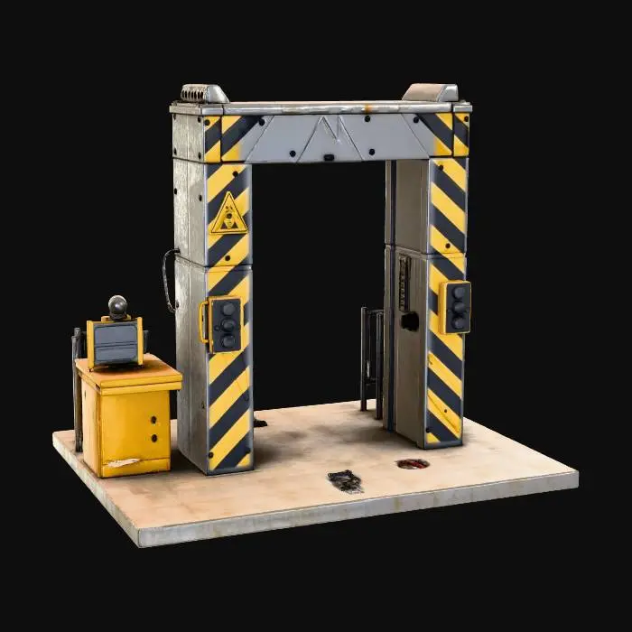 3D model for “A hazmat checkpoint playset featuring a flat industrial base, a tall warning barrier panel with diagonal hazard stripes, and a reinforced yellow gate arm mounted on a sturdy hinge block. A medium-sized control console stands beside the barrier, with a single screen panel, large buttons, and one thick cable connecting to the gate. Additional elements include a warning light dome and a low side railing. All shapes are bold and readable, with no fine mechanical parts. Subtle fading, dirt streaks, and edge wear suggest frequent use. The playset is centered against a pure white background, softly lit with neutral studio light, minimal shadow. Ultra-realistic PBR materials with painted metal and restrained aging.”