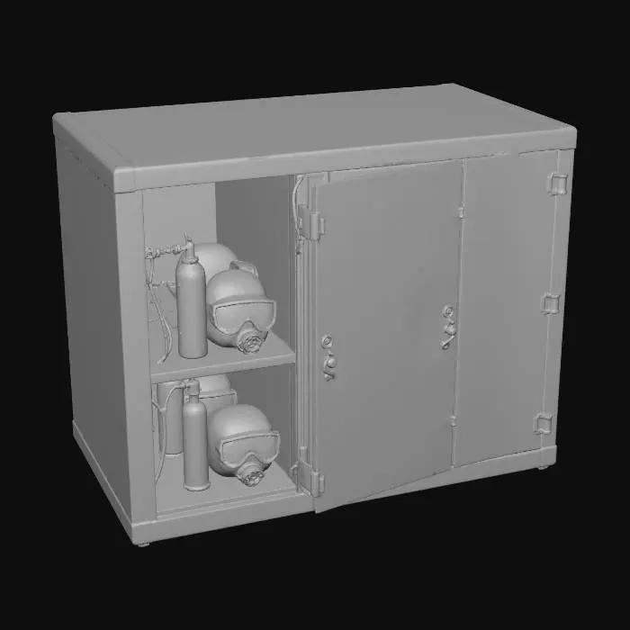 3D model for “A compact underwater equipment locker designed for a submersible base interior. The locker is rectangular with rounded corners, finished in teal-blue metal panels and lighter trim. The front opens into visible compartments holding simplified diving gear, helmets, and storage cylinders. Bold shapes and clear divisions avoid small details while suggesting functional depth. Light scuffs and faded markings add realism. The locker is perfectly centered against a pure white background, softly illuminated with neutral studio light, minimal shadow. Ultra-realistic PBR materials with painted metal surfaces and restrained wear.”