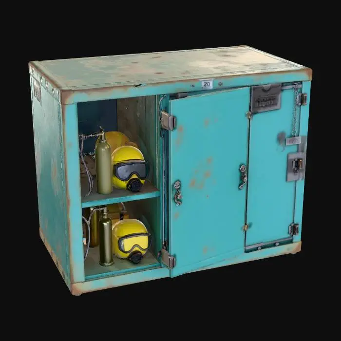 3D model for “A compact underwater equipment locker designed for a submersible base interior. The locker is rectangular with rounded corners, finished in teal-blue metal panels and lighter trim. The front opens into visible compartments holding simplified diving gear, helmets, and storage cylinders. Bold shapes and clear divisions avoid small details while suggesting functional depth. Light scuffs and faded markings add realism. The locker is perfectly centered against a pure white background, softly illuminated with neutral studio light, minimal shadow. Ultra-realistic PBR materials with painted metal surfaces and restrained wear.”