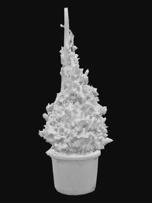 3D model for Create a realistic 3D model of a Euonymus japonicus aureomarginatus (golden euonymus) topiary shaped as a pyramid/conical form. The plant has dense green leaves with yellow variegated edges, trimmed neatly to form a symmetrical pyramid shape about 1.5 meters tall. A thin metal rod runs vertically through the center for structural support. The plant is placed in a large black plastic nursery pot with soil. Keep the foliage natural yet cleanly trimmed, suitable for SketchUp or Blender use.