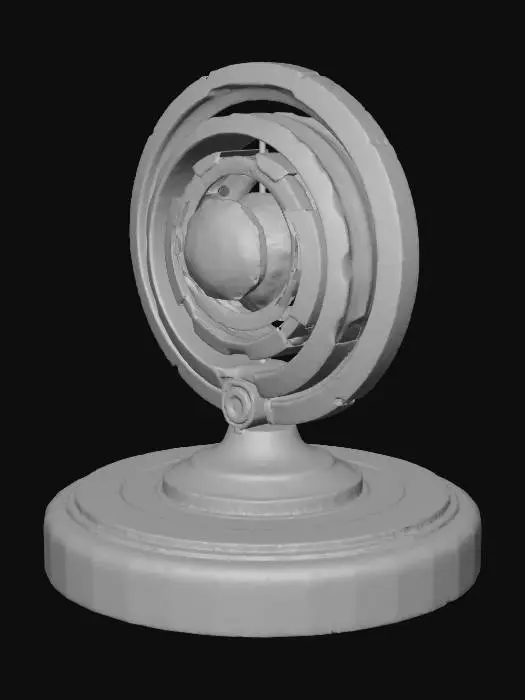 3D model for A metaphysical 3D gyroscope symbolizing balance and consciousness. Three concentric metallic rings (gold, silver, bronze) orbit a  prism at the center, refracting rainbow light. The design blends science and spirituality, appearing stable yet dynamic. The base is polished black marble. Realistic, high-detail, cinematic lighting, sky blue background, elegant and futuristic award design.