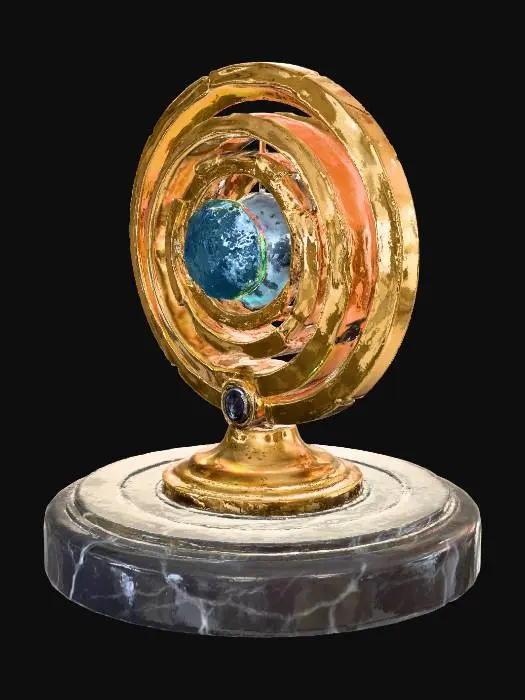 3D model for A metaphysical 3D gyroscope symbolizing balance and consciousness. Three concentric metallic rings (gold, silver, bronze) orbit a  prism at the center, refracting rainbow light. The design blends science and spirituality, appearing stable yet dynamic. The base is polished black marble. Realistic, high-detail, cinematic lighting, sky blue background, elegant and futuristic award design.