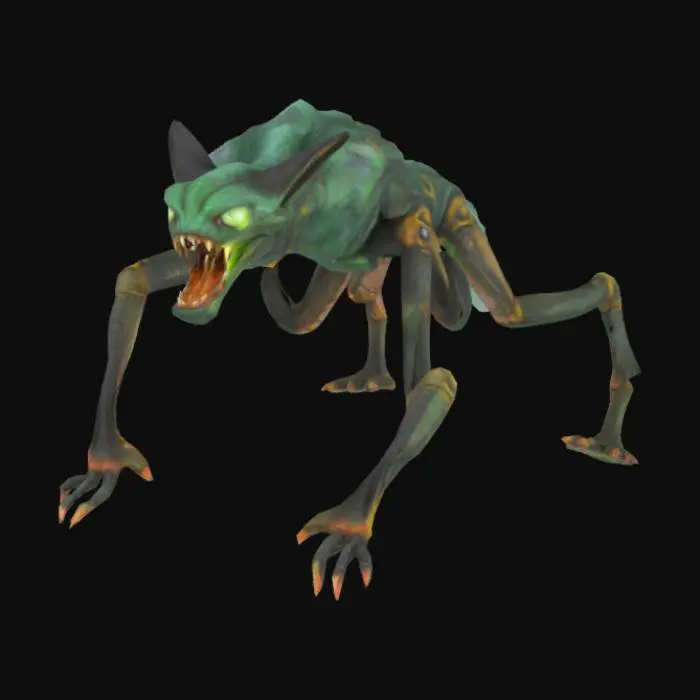 3D model for Créer un monstre terrifiant à 4 pattes, il auras une tête de chat aplatit à l'avant avec de grandes dents et des yeux blanc sans pupilles, un long coup, les deux pattes avant seront des pattes de mantes religieuses longues et tranchantes, les pattes arrière seront des pattes de dinosaures, sa queue doit faire 1/3 du corps du monstre elle se termine par une boule lumineuse