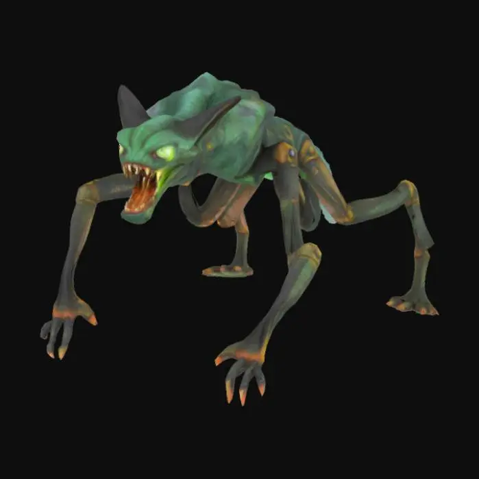3D model for Créer un monstre terrifiant à 4 pattes, il auras une tête de chat aplatit à l'avant avec de grandes dents et des yeux blanc sans pupilles, un long coup, les deux pattes avant seront des pattes de mantes religieuses longues et tranchantes, les pattes arrière seront des pattes de dinosaures, sa queue doit faire 1/3 du corps du monstre elle se termine par une boule lumineuse