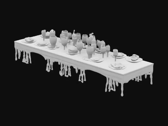 3D model for A long ornate drow dinner table that is covered in decorative spiders and spider webs, fine silverware, crafts, glasses, napkins, cups, entrees, all dedicated to the Spider Goddess of the DROW