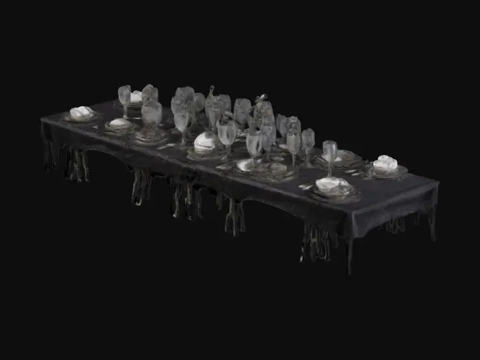 3D model for A long ornate drow dinner table that is covered in decorative spiders and spider webs, fine silverware, crafts, glasses, napkins, cups, entrees, all dedicated to the Spider Goddess of the DROW