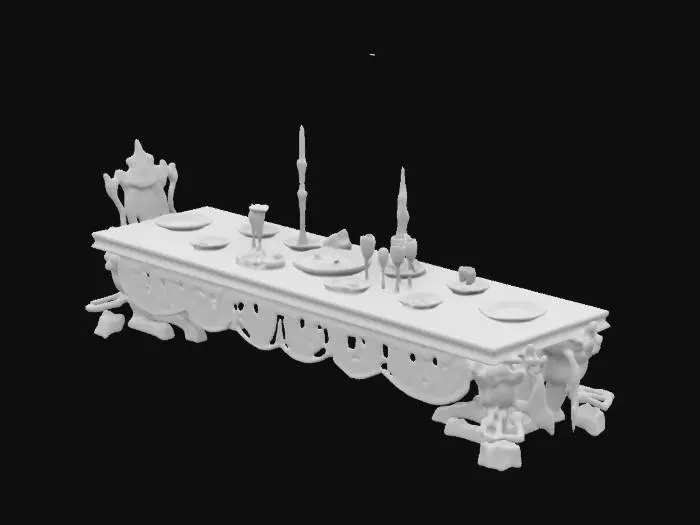 3D model for A long ornate drow dinner table that is covered in decorative spiders and spider webs, fine silverware, crafts, glasses, napkins, cups, entrees, all dedicated to the Spider Goddess of the DROW
