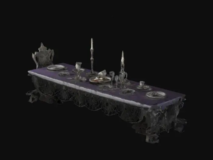 3D model for A long ornate drow dinner table that is covered in decorative spiders and spider webs, fine silverware, crafts, glasses, napkins, cups, entrees, all dedicated to the Spider Goddess of the DROW