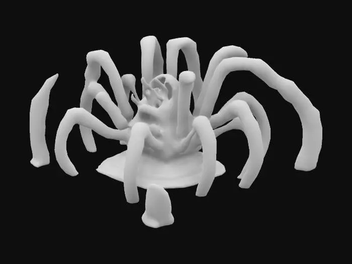 3D model for Design a Giant biomechanical Temple of the Spider Queen fused with organic and mechanical elements. Include glowing purple and blue energy veins, pulsating lights, and a backrest shaped like a creature’s spine. Add intricate carvings and textures that blend flesh and metal seamlessly all in the shapes of spider webs and spiders covering it