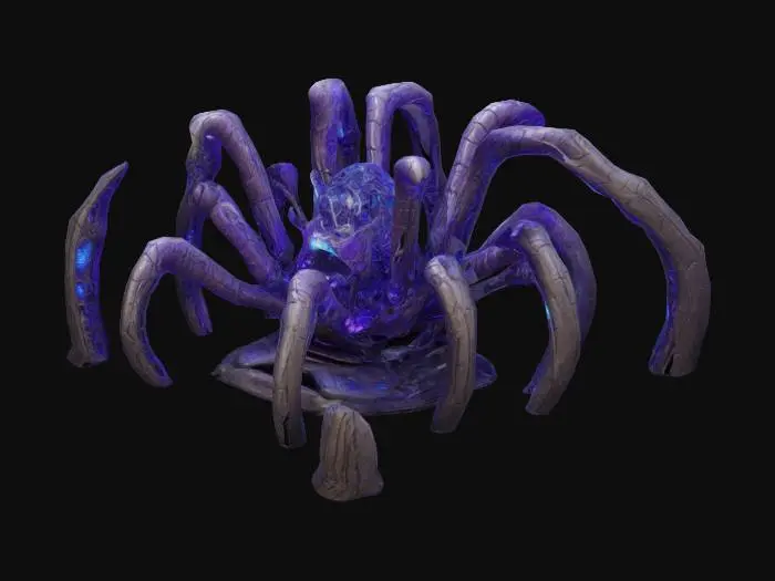 3D model for Design a Giant biomechanical Temple of the Spider Queen fused with organic and mechanical elements. Include glowing purple and blue energy veins, pulsating lights, and a backrest shaped like a creature’s spine. Add intricate carvings and textures that blend flesh and metal seamlessly all in the shapes of spider webs and spiders covering it